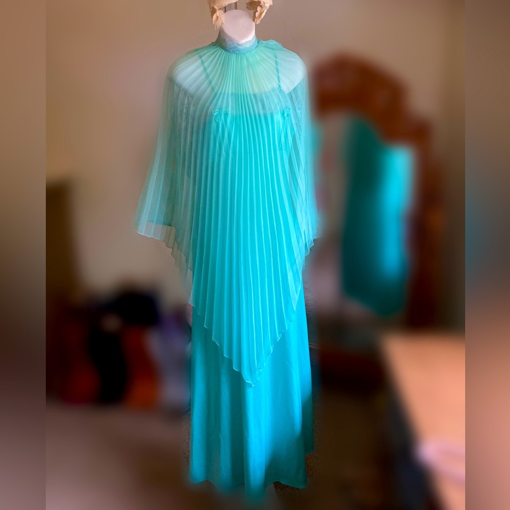 Vintage 1960-70’s evening gown/dress with sheer pleated chiffon overlay